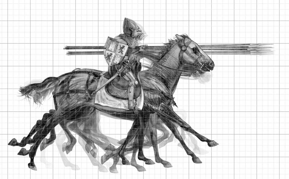 Praxinoscope illustration - Castilian knight in armour charging on horse - motion study.