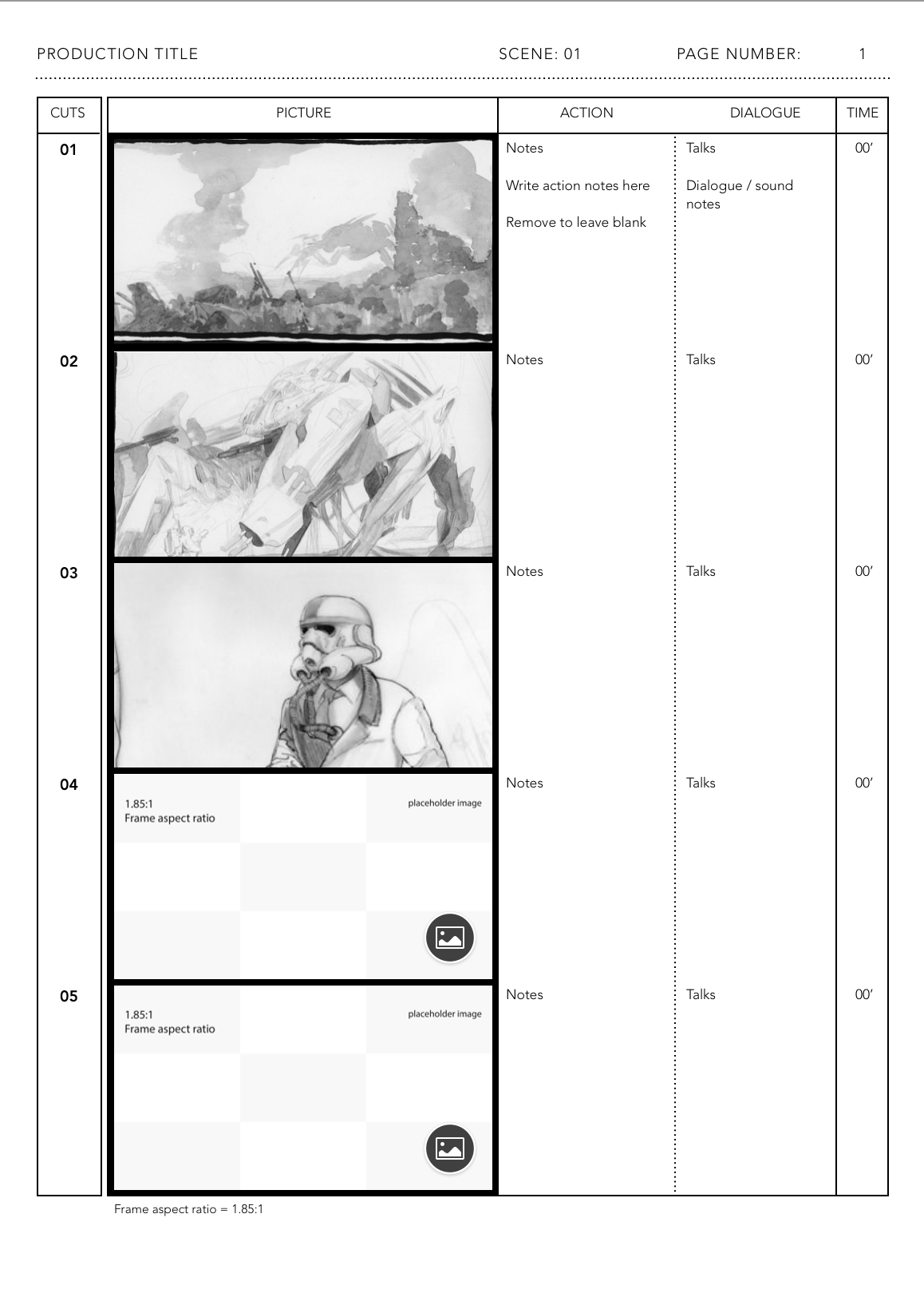 Apple Pages template for 1.85:1 anime storyboards