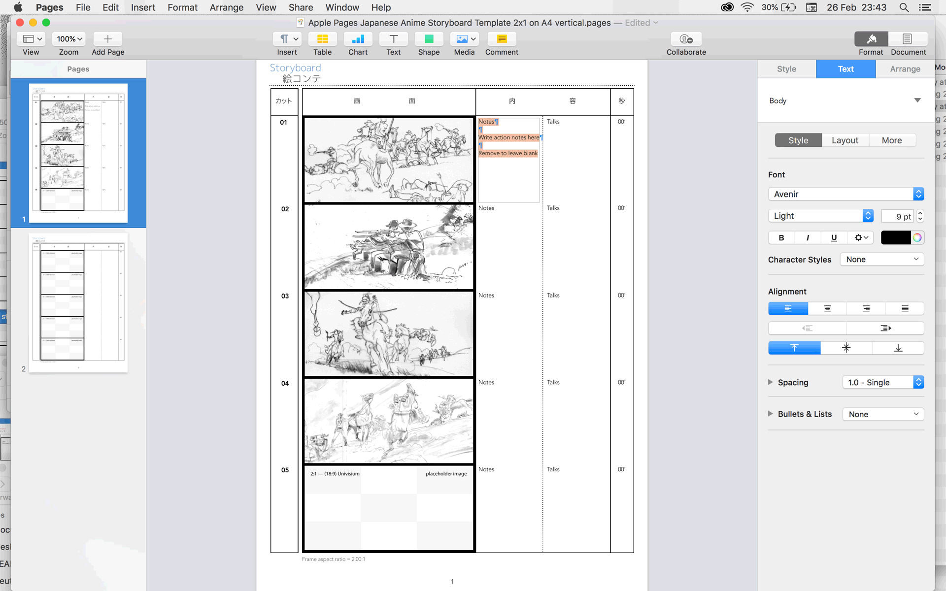 Apple Pages anime storyboard template for 2.00:1 2.00:1 aspect ratio films