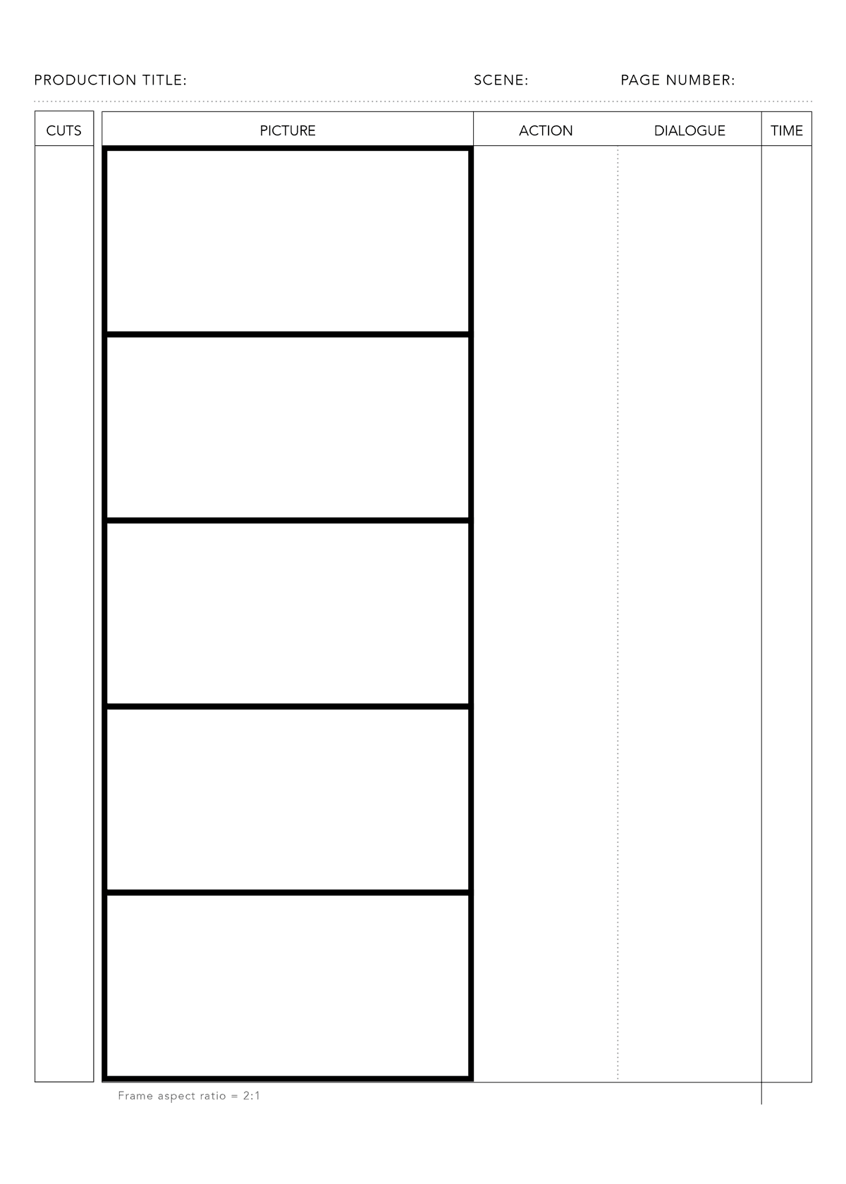 Free PDF Anime storyboard template for 2:1 aspect ratio on DIN A4 vertical for print