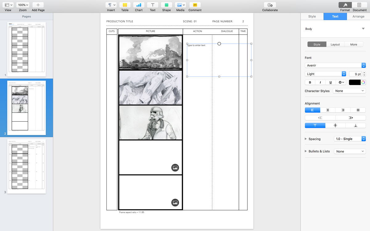 Apple Pages Anime Storyboard Template for 1.85:1 aspect ratio on DIN A4 vertical