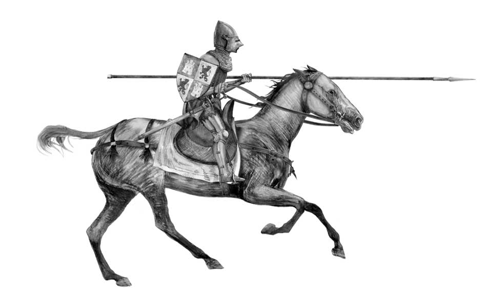 Praxinoscope illustration - Castilian knight in armour charging on horse - black and white drawing.