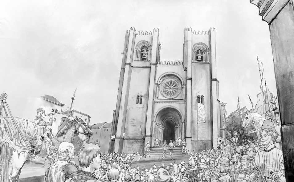 Atoleiros 1384 animatic — Se Lisboa with medieval crowd — Storyboard reconstitution