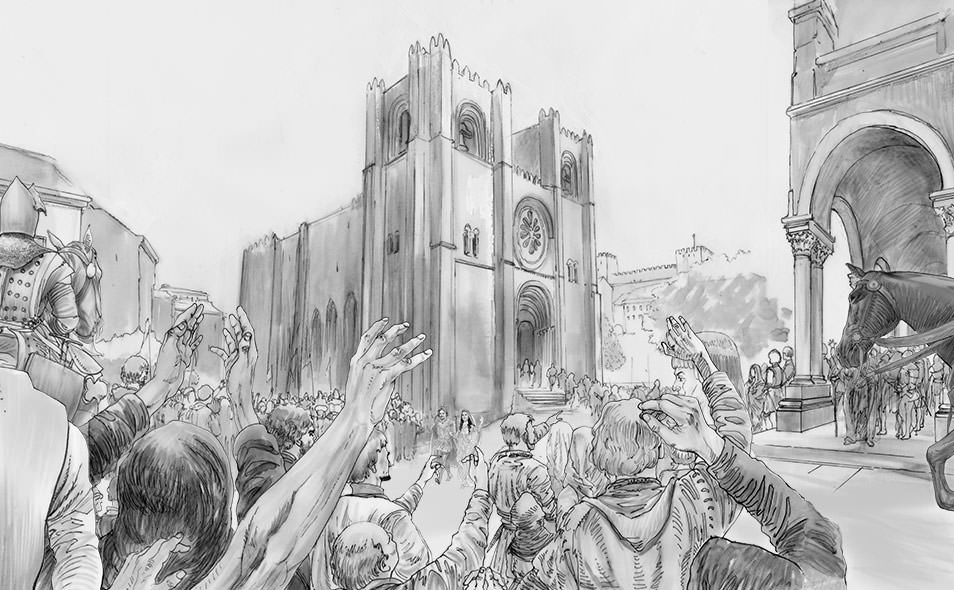 Atoleiros 1384 animatic - Medieval crowd in Lisbon at royal wedding