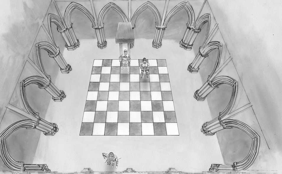 Atoleiros Battle animatic - Virtual chessboard / Throne room — High angle shot