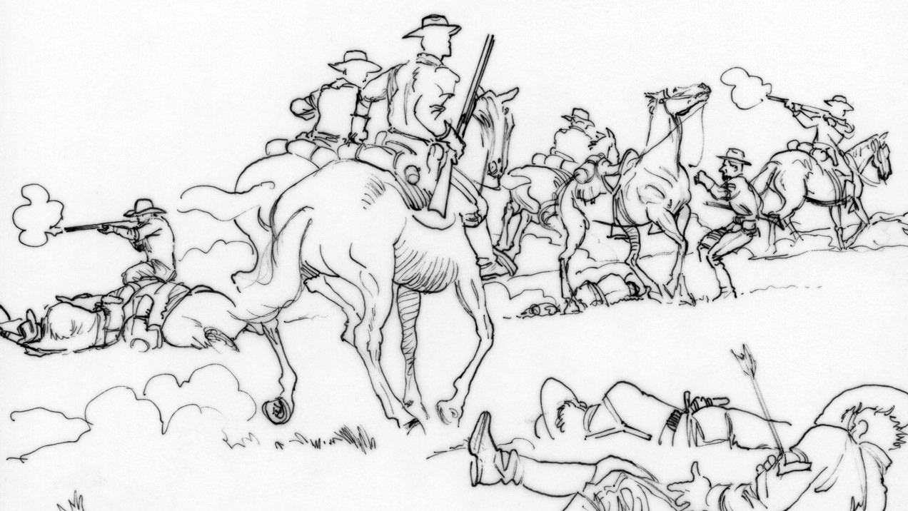 US Cavalry Museum storyboard panel — Little Bighorn Battle